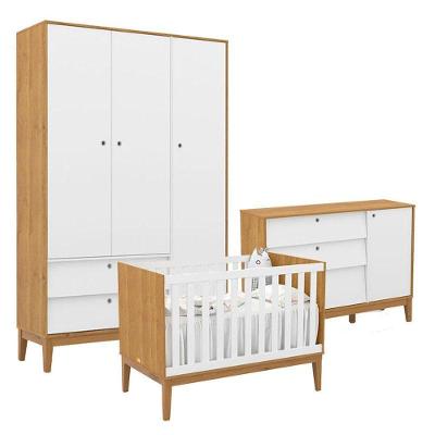 Quarto de Bebê Unique 3 Portas com Cômoda Sapateira em MDF 132cm Branco Freijó Matic