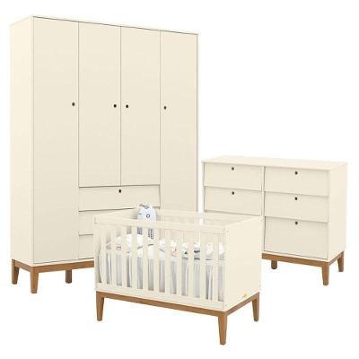 Quarto de Bebê Unique 4 Portas e Cômoda 6 Gavetas MDF 136cm Off White Eco Wood Matic Móveis