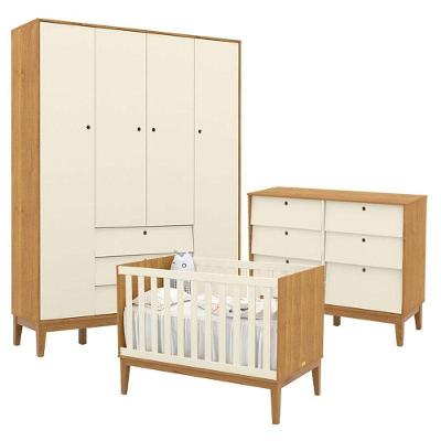 Quarto de Bebê Unique 4 Portas Cômoda 6 Gavetas MDF 136cm Off White Freijó Matic Móveis