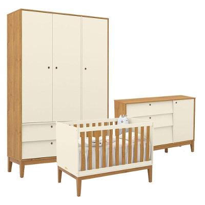 Quarto de Bebê Unique com Guarda-Roupa 3 Portas em MDF 136cm Off White Freijó Eco Wood Matic Móveis
