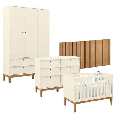 Quarto de Bebê Unique 3 Portas Cômoda 6 Gavetas MDF 136cm Off White Eco Wood Matic
