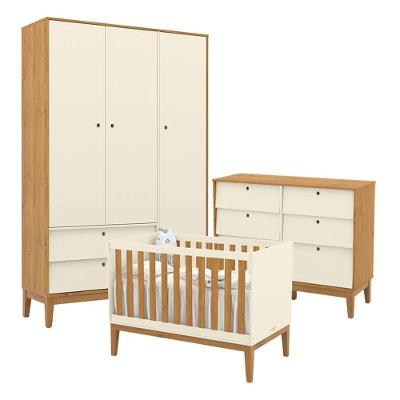 Quarto de Bebê Unique com Roupeiro 3 Portas e Cômoda 6 Gavetas MDF 136cm Off White Freijó Eco Wood