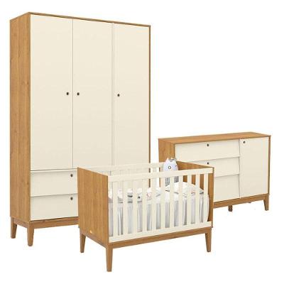 Quarto de Bebê Unique com Roupeiro 3 Portas em MDF 136cm Off White Matic Móveis