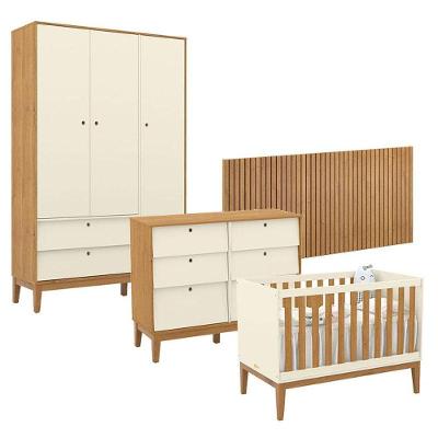 Quarto de Bebê Unique 3 Portas 6 Gavetas MDF 136cm Off White Freijó Eco Wood Matic