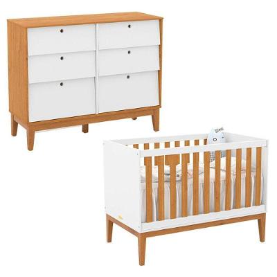 Berço Americano e Cômoda 6 Gavetas Unique MDF 136cm Branco Soft Freijó Eco Wood Matic