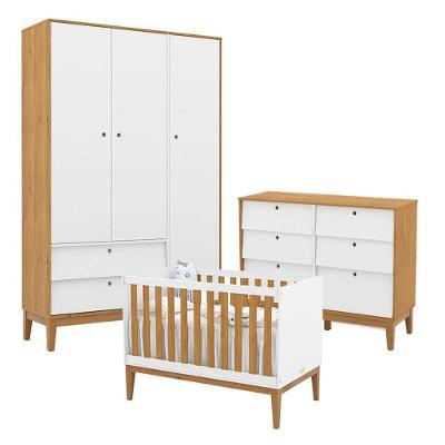 Quarto de Bebê Unique com Roupeiro 3 Portas e Cômoda 6 Gavetas MDF 136cm Branco Soft Freijó Eco Wood