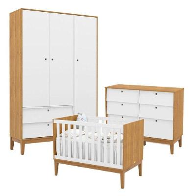 Quarto de Bebê Unique 3 Portas Cômoda 6 Gavetas MDF 136cm Branco Soft Freijó Matic Móveis