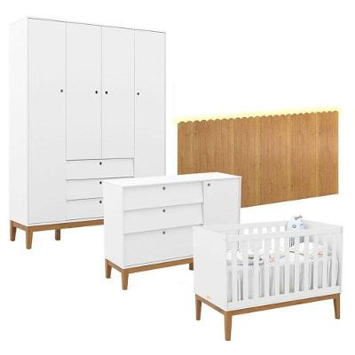 Quarto De Bebê Unique 4 Portas Com Cômoda Sapateira E Painel Farm Com Led Branco Soft Eco Wood - Matic