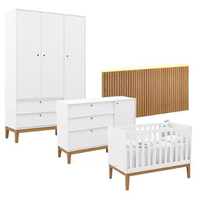 Quarto de Bebê Unique 3 Portas em MDF 136cm Branco com Cômoda Sapateira e Painel Ripado Matic