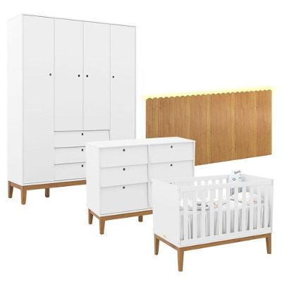Quarto De Bebê Unique 4 Portas Com Cômoda 6 Gavetas E Painel Farm Com Led Branco Soft Eco Wood - Matic