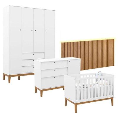 Quarto De Bebê Unique 4 Portas Com Cômoda Sapateira E Painel Ripado Com Led Branco Soft Eco Wood - Matic
