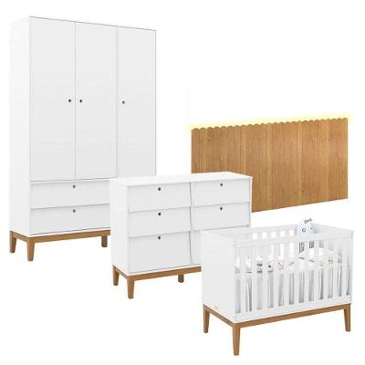 Quarto De Bebê Unique 3 Portas Com Cômoda 6 Gavetas E Painel Farm Com Led Branco Soft Eco Wood - Matic