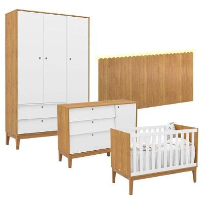 Quarto De Bebê Unique 3 Portas Com Cômoda Sapateira E Painel Farm Com Led Freijó Branco Soft Eco Wood - Matic