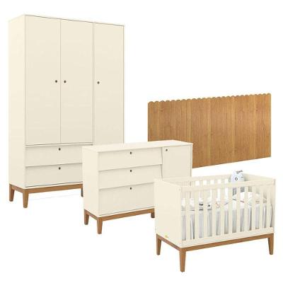 Quarto de Bebê Unique com Guarda-Roupa 3 Portas Cômoda Sapateira em MDF 225cm Off White Matic