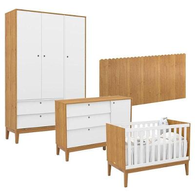 Quarto de Bebê Unique 3 Portas em MDF 136cm Branco Soft Eco Wood com Berço Cômoda e Guarda-Roupa