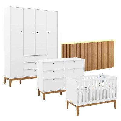 Quarto De Bebê Unique 4 Portas Com Cômoda 6 Gavetas E Painel Ripado Com Led Branco Soft Eco Wood - Matic