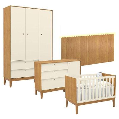 Quarto De Bebê Unique 3 Portas Com Cômoda Sapateira E Painel Farm Com Led Freijó Off White Eco Wood - Matic