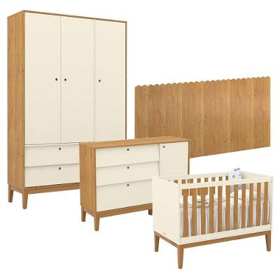 Quarto De Bebê Unique 3 Portas Com Cômoda Sapateira E Painel Farm Off White Freijó Eco Wood - Matic