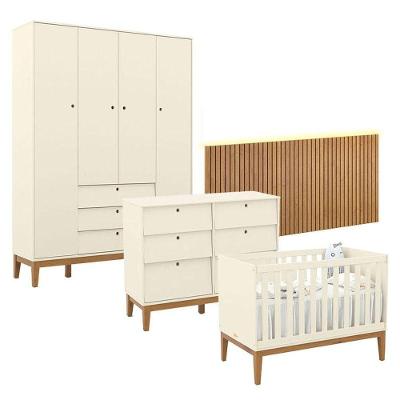 Quarto De Bebê Unique 4 Portas Com Cômoda 6 Gavetas E Painel Ripado Com Led Off White Eco Wood - Matic