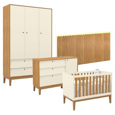 Quarto De Bebê Unique 3 Portas Com Cômoda Sapateira E Painel Farm Com Led Off White Freijó Eco Wood - Matic