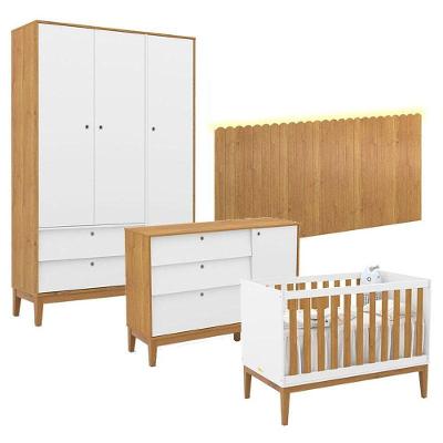 Quarto De Bebê Unique 3 Portas Com Cômoda Sapateira E Painel Farm Com Led Branco Soft Freijó Eco Wood - Matic