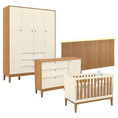 Quarto De Bebê Unique 4 Portas Com Cômoda Sapateira E Painel Ripado Com Led Off White Freijó Eco Wood - Matic