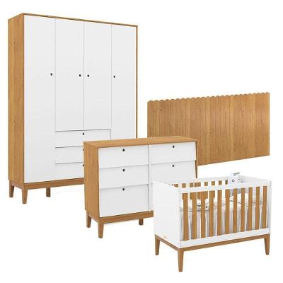 Quarto De Bebê Unique 4 Portas Com Cômoda 6 Gavetas E Painel Farm Branco Soft Freijó Eco Wood - Matic