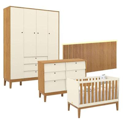 Quarto de Bebê Unique 4 Portas Cômoda 6 Gavetas MDF 230.5cm Off White Freijó Eco Wood Matic Móveis