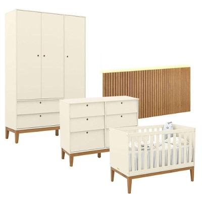 Quarto de Bebê Unique 3 Portas Cômoda 6 Gavetas Painel Ripado Led MDF 230.5cm Off White Matic Móveis