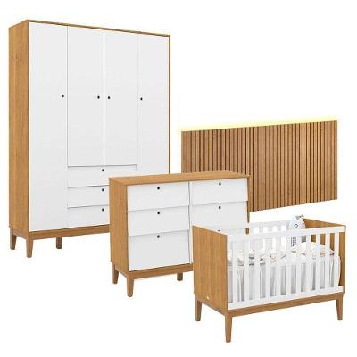 Quarto De Bebê Unique 4 Portas Com Cômoda 6 Gavetas E Painel Ripado Com Led Freijó Branco Soft Eco Wood - Matic