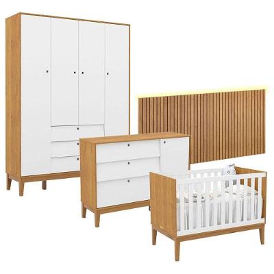 Quarto De Bebê Unique 4 Portas Com Cômoda Sapateira E Painel Ripado Led Freijó Branco Soft Eco Wood