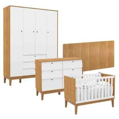 Quarto De Bebê Unique 4 Portas Com Cômoda 6 Gavetas E Painel Farm Freijó Branco Soft Eco Wood - Matic