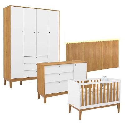Quarto De Bebê Unique 4 Portas Com Cômoda Sapateira E Painel Farm Com Led Branco Soft Freijó Eco Wood - Matic