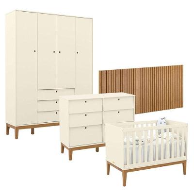 Quarto De Bebê Unique 4 Portas Com Cômoda 6 Gavetas E Painel Ripado Off White Eco Wood - Matic