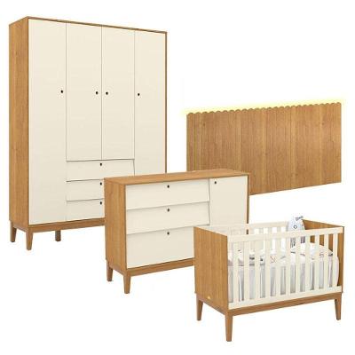 Quarto de Bebê Unique Kit com Guarda-Roupa 4 Portas 3 Gavetas MDF 136cm Off White Matic