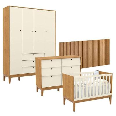 Quarto De Bebê Unique 4 Portas Com Cômoda 6 Gavetas E Painel Ripado Freijó Off White Eco Wood - Matic
