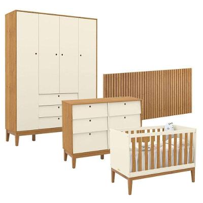 Quarto De Bebê Unique 4 Portas Com Cômoda 6 Gavetas E Painel Ripado Off White Freijó Eco Wood - Matic