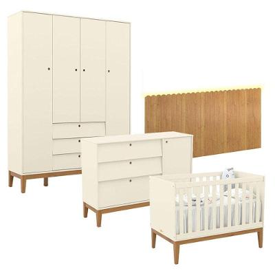 Quarto de Bebê Unique 4 Portas 3 Gavetas em MDF 154 cm Off White Eco Wood Matic
