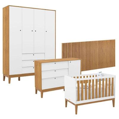 Quarto De Bebê Unique 4 Portas Com Cômoda Sapateira E Painel Ripado Branco Soft Freijó Eco Wood - Matic