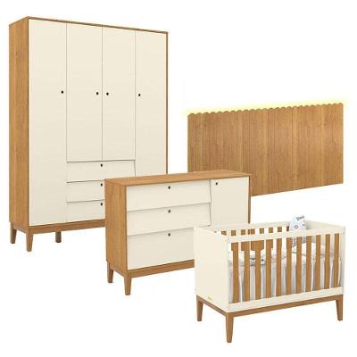 Quarto De Bebê Unique 4 Portas Com Cômoda Sapateira E Painel Farm Com Led Off White Freijó Eco Wood - Matic