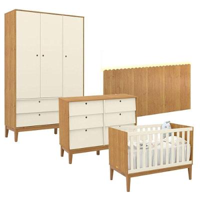 Quarto de Bebê Unique com Guarda-Roupa 3 Portas e Cômoda 6 Gavetas MDF 136 cm Off White Matic Móveis