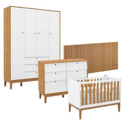 Quarto De Bebê Unique 4 Portas Com Cômoda 6 Gavetas E Painel Ripado Branco Soft Freijó Eco Wood - Matic