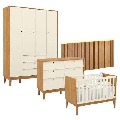 Quarto De Bebê Unique 4 Portas Com Cômoda 6 Gavetas E Painel Ripado Com Led Freijó Off White Eco Wood - Matic