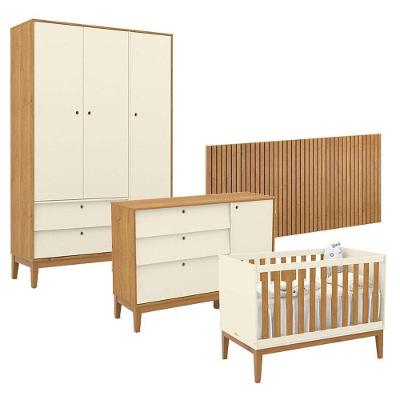 Quarto De Bebê Unique 3 Portas Com Cômoda Sapateira E Painel Ripado Off White Freijó Eco Wood - Matic