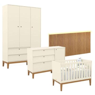 Quarto de Bebê Unique 3 Portas em MDF 136cm Off White com Cômoda Sapateira e Painel Led Matic