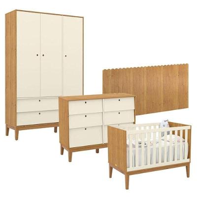 Quarto de Bebê com Berço Americano Unique em MDF Off White com Cômoda 6 Gavetas e Painel