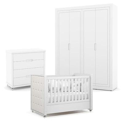 Quarto De Bebe 4 Portas Tutto New Com Capitonê New Boucle E Gaveteiro Branco Acetinado - Matic