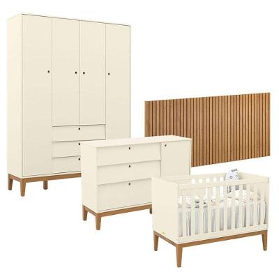 Quarto de Bebê Unique 4 Portas em MDF 136cm Off White Eco Wood com Berço e Guarda-Roupa Matic