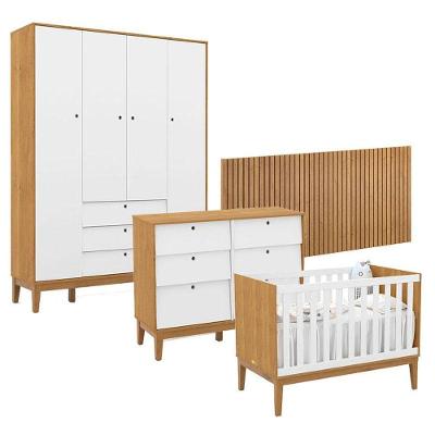 Quarto De Bebê Unique 4 Portas Com Cômoda 6 Gavetas E Painel Ripado Freijó Branco Soft Eco Wood