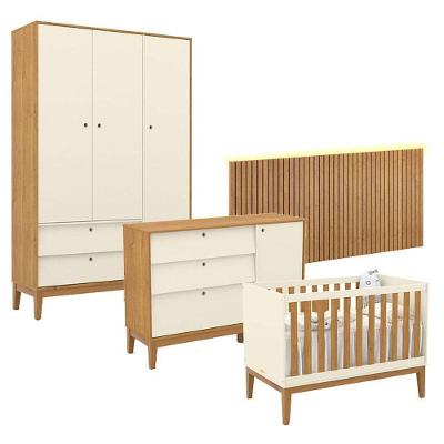 Quarto de Bebê Unique 3 Portas 2 Gavetas MDF 136cm Off White Freijó Eco Wood Matic Móveis